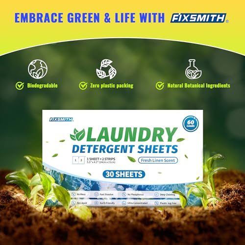 FIXSMITH Laundry Detergent Sheets - 60 Loads (30 Sheets) Fresh Linen Scent - Hypoallergenic,Eco Friendly Laundry Soap Sheets Ultra-Concentrated Travel Detergent Sheets.Plastic-Free,Liquidless.