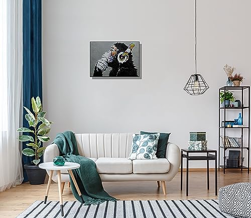 Banksy Wall Art Thinking Monkey with Headphones Enjoying Music Graffiti 3D Print simulation hand painted texture on canvas painting Mural Framed Matted 3D Brushstroke 17x24"