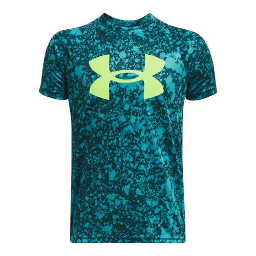 Under Armour Boys Tech Big Logo Printed Short-Sleeve T-Shirt, (449) Hydro Teal / / High Vis Yellow, X-Small