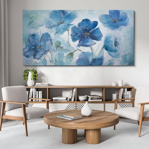 AJAZIKO Large Wall Art Canvas Decor, Blue Flowers Theme Pictures for Bedroom, Wall Decor for Living Room, Wall Art Prints- Wall Art for living room