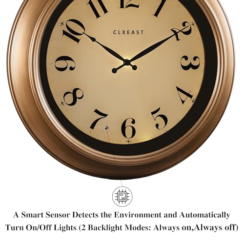 CLXEAST 18 Inch Glow in The Dark Wall Clocks for Living Room Decor, Large Illuminated Gold Wall Clock,Antique Brushed Gold,House Warming Gifts New Home