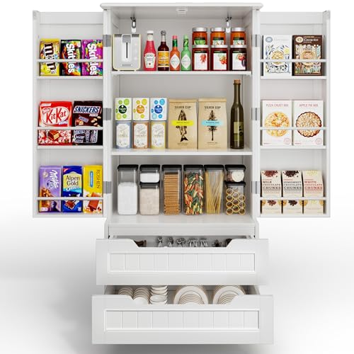 Gizoon 47" Small Kitchen Pantry Storage Cabinet with Drawers Freestanding Bathroom Storage Cabinets with Doors and Shelves, Small Food Pantry Cabinet for Dining Room Craft Room, White