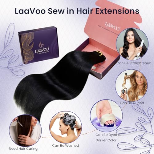 LaaVoo Human Hair Extensions Sew in 14 Inch 80g Hand Tied Weft Hair Extensions Human Hair Light Brown Highlights with Blonde Sew in Hair Extensions Real Human Hair Double Weft