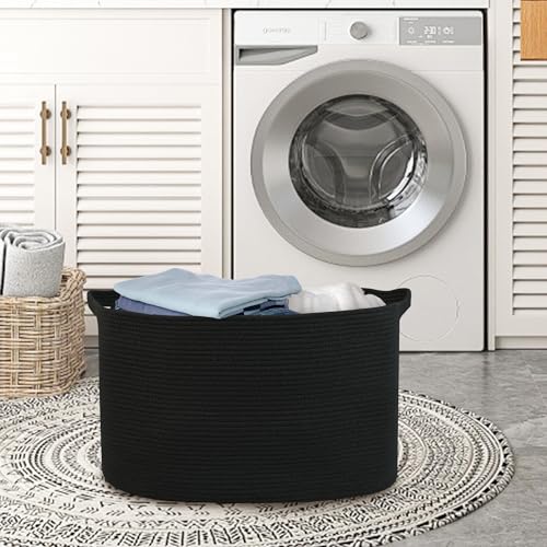 MEGASKET Extra Large Rectangle Storage Basket, 23.6" x 17" x 12" Black Blanket Basket Storage for Living Room, Large Soft Woven Cotton Rope Basket, Kids Toy Baskets Organizer Bins, Wicker Basket
