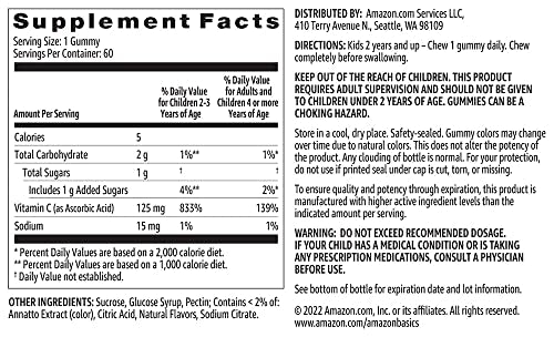 Amazon Basics Kids' Vitamin C 125mg Gummies, Orange, 60 Count, Immune Health, 2 Month Supply (Previously Solimo)