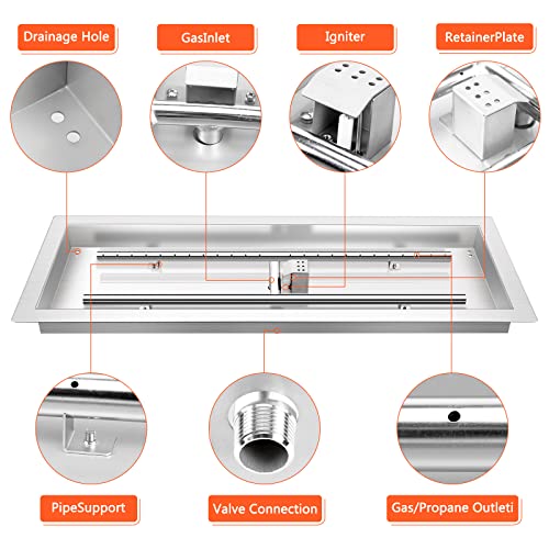 QuliMetal 24" x 8" Drop-in Fire Pit Pan with Spark Ignition Kit - Natural & Propane Gas Rectangular 304 Stainless Steel Fire Pit Burner Kit for Indoor & Outdoor, Rated for up to 150K BTU