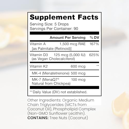 Pure TheraPro Rx Vegan A-D-K Drops - 3 Month Supply - Vitamin A (Palmitate & Betacarotene), Liposomal Vitamin D3 (Pureshine), Liposomal Vitamin K2 (MK-4 & MK-7) Supports Immunity & Bone Health - 10 mL