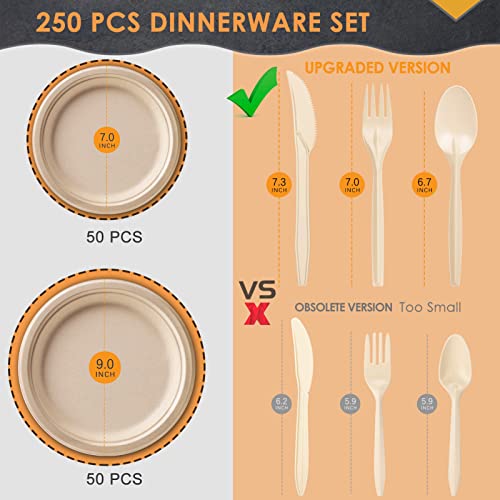 Gezond 250Pcs Disposable Paper Plates Set, Compostable Plate Sugarcane Utensils Eco Friendly Dinnerware Kit Includes 50 Biodegradable Plates, Forks, Knives and Spoons for Brithday Party Camping