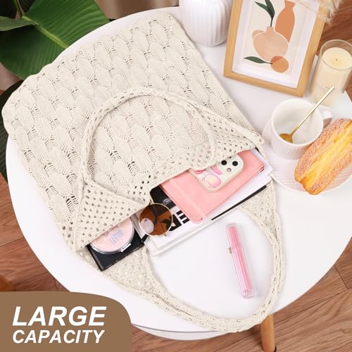 KPX Crochet Tote Beach Bag, Mesh Knitted Bag Large Aesthetic Shoulder Bag Handbags Hollow Hobo Bag for Women Summer (Beige, Style T)