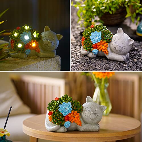 Qeeman Garden Outdoor Decor Cat Statue - Cat Resin with Solar Light Garden Statues Outsides Decorations for Cat Lovers Gardeners Family with Pets,Ornament Gift for Birthday/Mother’s Day