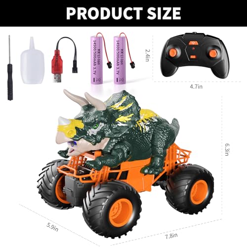 Bennol 2.4GHz Dinosaur Remote Control Car Toys for Kids Boys 4-7 5-7 8-12, RC Dinosaur Car Toys with Light, Sound, Spray, Indoor Outdoor Toys Gifts for 3 4 5 6 Year Old Boys, RC Car Toys for Boys