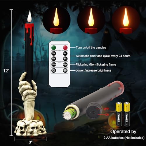 GenSwin Halloween Black Taper Flameless Candles with Ghost Hand Candlesticks and Remote Timer, 2 Pcs Battery Operated Taper Candles with Holder and 3D Flame for Halloween Decor