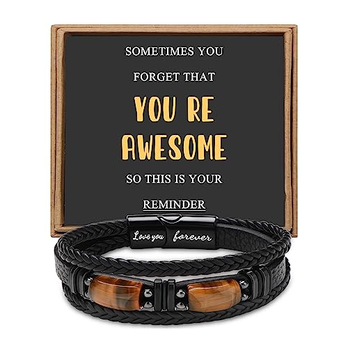 JoycuFF Bracelet for Son from Mom Dad Leather Bracelet Layered Birthday Graduation Gifts for Son I Love You Forever Engraved Braied Birthday Cuff Bangle Wrap Jewelry