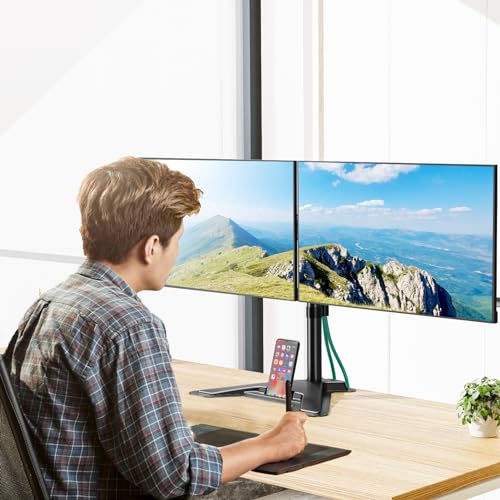 MOUNT PRO Dual Monitor Stand, Free-Standing Full Motion Monitor Desk Mount Fits 2 Screens up to 27 inches,17.6lbs with Height Adjustable, Swivel, Tilt, Rotation, VESA 75x75 100x100, Black