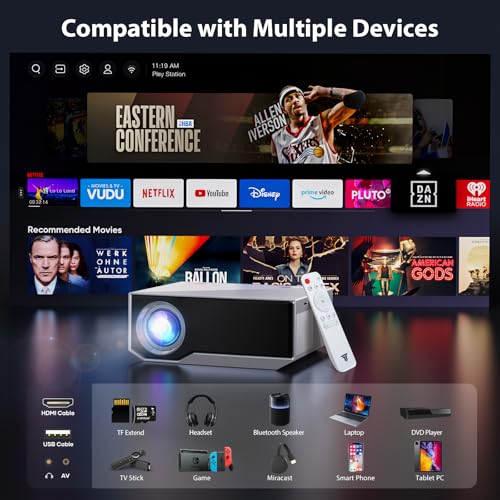 Projector with Wifi and Bluetooth, Native 1080P 18000 Lumens Mini Projector, Portable Projector Video Projector Compatible with iOS/Android/TV Stick/PS4/HDMI/PPT/USB(White)