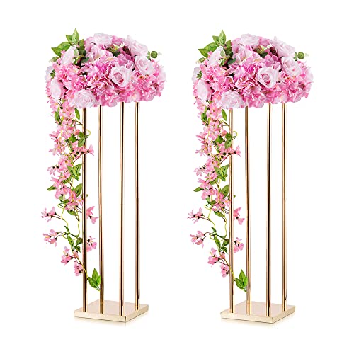 Wedding Centerpieces for Tables Vase Stand - 2 Pcs Gold Column Flower Stand, 31.5in Metal Tall Vases for Centerpieces, Geometric Flower Vase Rack for Wedding Decorations, Birthday, Event, Home Decor