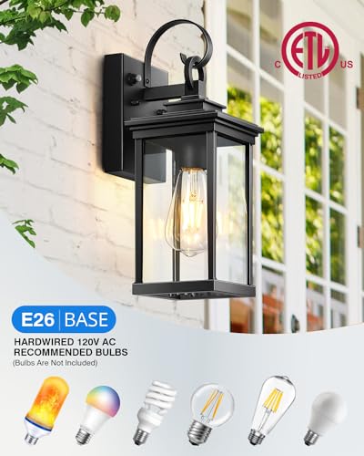 VIANIS Dusk to Dawn Outdoor Wall Lantern, Black Exterior Light Fixtures, Porch Light Wall Mount Lamps Outside Wall Lights for House, Garage Lights Outdoor Wall Sconce Lanterns with Water Ripple Glass