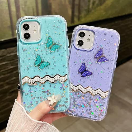 Puxicu Bling Glitter Case for iPhone 14 Pro Case 6.1" for Women Girls, Pretty Butterfly Flash Diamond Relief Pattern, Sparkling Powder Decoration, 3 in 1 Heavy Duty Shockproof Protection, Blue