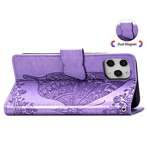 CaseHQ Compatible with iPhone 12 Mini Case 5.4 inch(2020),Wallet Case for Women and Girls,Premium Strap with Card Holder,3D Embossed Butterfly,Pu Leather Flip-Purple