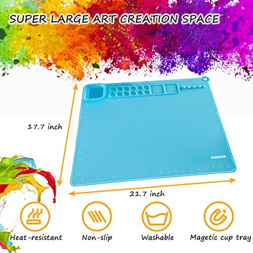SHNOKER Silicone Craft Mat 21.7"x17.7" Super Large Silicone Painting Mat with 1 Magnetic Cup and Color Palette for Kids and Artist (Blue)