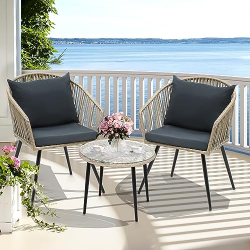 YITAHOME 3-Piece Outdoor Patio Furniture Wicker Bistro Set, All-Weather Rattan Conversation Chairs for Backyard, Balcony and Deck with Soft Cushions, Beige