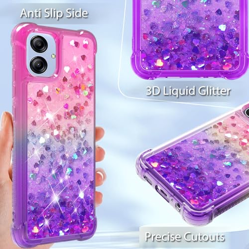 Guzhthi for Samsung A04E Case: Clear Glitter Flowing Liquid Quicksand Shockproof Corner Phone Case for Samsung Galaxy A04E with Tempered Glass Screen Protector - Pink/Purple