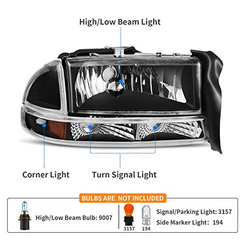 DWVO Headlight Assembly Compatible with 1998-2004 Dodge Dakota 1998-2003 Dodge Durango Headlamp Replacement with Park Signal Lamp Black Housing