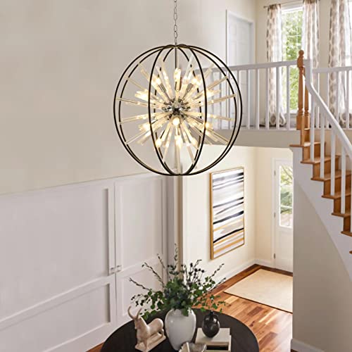 Vezzio 22'' Black and Gold Globe Sputnik Chandelier 10-Light Modern Crystal Chandelier Firework Pendant Light Fixture for Dining Room Living Room Kitchen Island Entryway Foyer Entrance Hallway