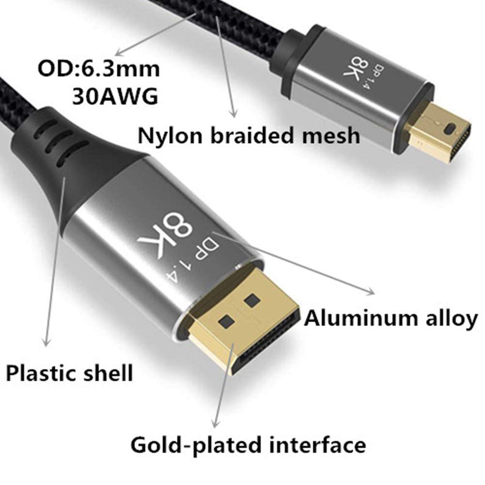 CABLEDECONN 1M 3.3FT Mini DP to DisplayPort 8K Cable 8K(7680x4320)@60Hz 4K@144Hz DisplayPort 1.4 Bi-Directional Transmission DisplayPort to Mini DisplayPort 8K Cable