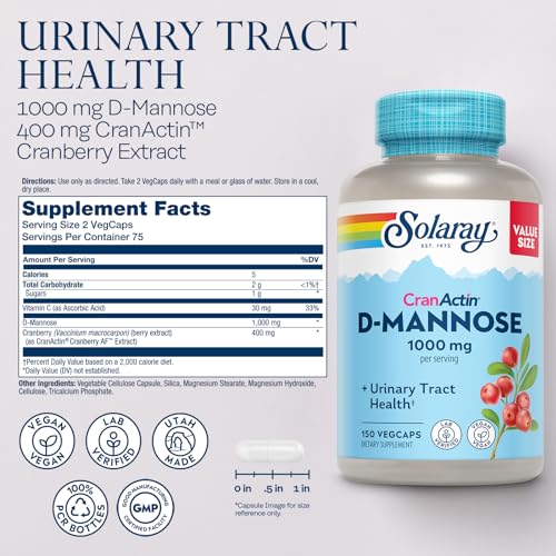 Solaray D-Mannose with CranActin Cranberry Supplement 400mg, Urinary Tract Health & Bladder Support Capsules with Vitamin C, Vegan, 60 Day Guarantee, 75 Servings, 150 VegCaps