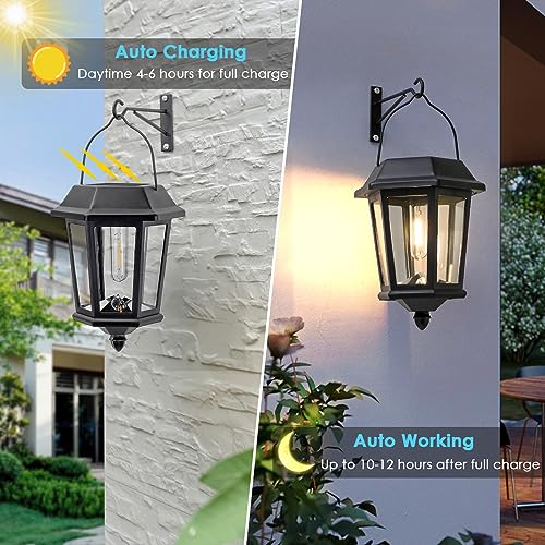 Hanging Solar Lanterns Outdoor, 2 Pack Glass Solar Lights Outdoor Waterproof, Auto ON/Off Solar Wall Lanterns for Outside Porch, Patio and Yard