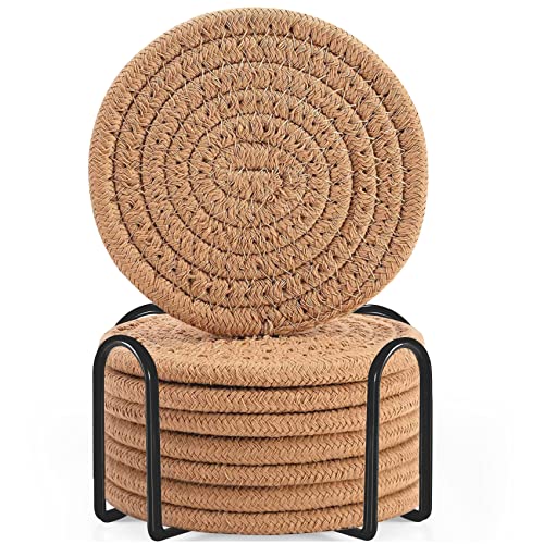 ABenkle 8 Pcs Drink Coasters with Holder, Cotton Woven Absorbent Coasters for Drinks, Minimalist Home Decor Coaster Set for Wooden Tabletop Protection Table, 4 inches