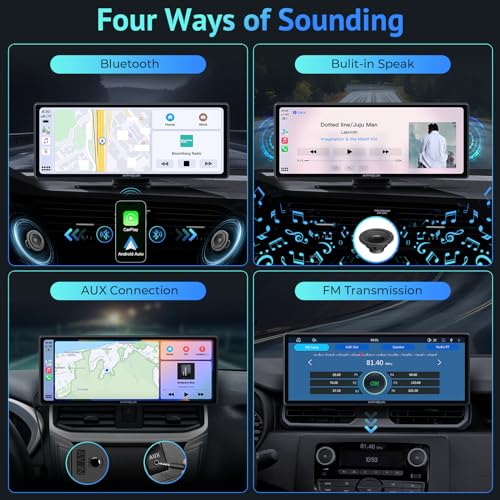 [Upgrade]-Newest Wireless Portable Carplay and Android Auto,Carplay Screen with Mirror Link/AUX/FM,7‘’Touchscreen Bluetooth 5.0, Car Play Screen