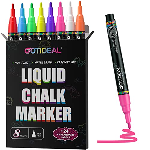 GOTIDEAL Chalk Markers, Extra Fine Tip Washable Chalkboard Markers, Car Window Markers,for Blackboard, Glass & Bistro, Non-Toxic, Erasable Paint Chalk Pens Reversible Tip-1mm