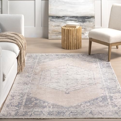 nuLOOM Sol Medallion Machine Washable Area Rug - 2x8 Machine Washable Runner Rug Traditional Light Grey/Blue Rugs for Living Room Bedroom Dining Room Entryway Hallway Kitchen