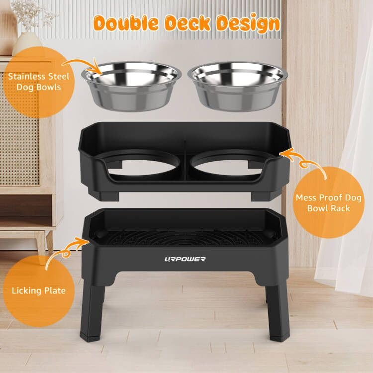 URPOWER 3-in-1 Elevated Dog Bowls Mess Proof Double Deck Raised Dog Bowls 4 Height Adjustable Dog Bowl Stand with 2 Stainless Steel Dog Food Bowls and Licking Plate for Small Medium Large Dogs & Pets