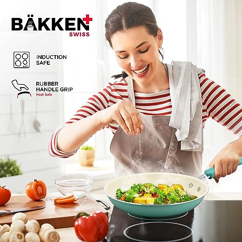 Cookware Set – 23 Piece –Aqua Multi-Sized Cooking Pots with Lids, Skillet Fry Pans and Bakeware – Reinforced Pressed Aluminum Metal - Suitable for Gas, Electric, Ceramic and Induction by BAKKEN Swiss