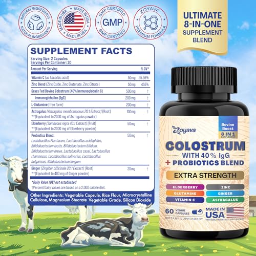 Bovine Colostrum Supplement Capsules, Grass Fed Cow Colostrum with 40% IgG, Probiotics, Elderberry, L-Glutamine, Astragalus, Vitamin C, Ginger, Zinc (60 Capsules)