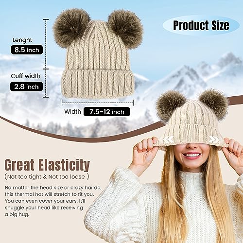 Arctic Paw Women Knit Beanie Cable Knit Beanie Hat Faux Fur Pompom Beanie with Ears Red