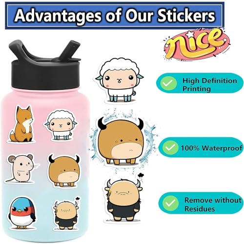 Avky Water Bottle Stickers, 50 Pcs Cute Animal Stickers for Kids Teens Adults, Vinyl Waterproof Stickers for Skateboards and Notebooks, Laptop Stickers, Guitars