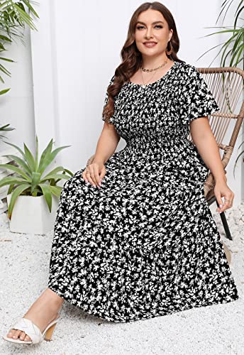 Younrui Womens Plus Size Long Maxi Dress with Pockets Floral Smocking Flutter Sleeves Tiered Layers Casual Dresses