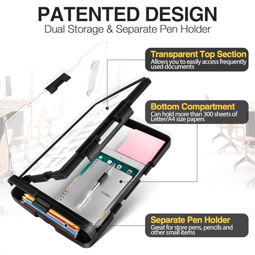 Sooez Original Clipboard with 2 Storage & Pen Holder, Heavy Duty Clip Boards 8.5x11 with Dual Storage, Clearview Dry Erase Coach Clipboard with Real Hinge, High Capacity, School & Office Supplies