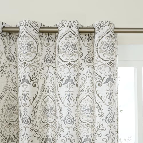LAMIT 54 inch Length Linen Curtains for Living Room, Light Filtering Semi Sheer Linen Curtains Grommet Vintage Damask Flower Pattern Window Drapes for Bedroom, 2 Panels Each 52 x 54 Inch, Greyish Blue