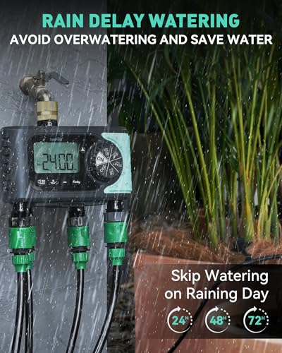 RAINPOINT Sprinkler Timer, 4 Outlets Hose Timer with Brass Inlet, Water Timer with Rain Delay/Manual/Automatic Timed Controller System, Programmable Digital Irrigation Timer for Lawn Yard, 4 Zone