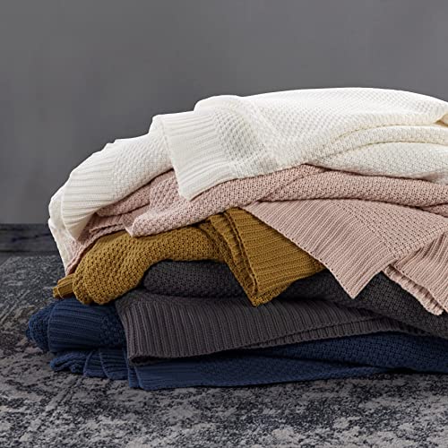 HiEnd Accents Cotton Cable Knit Blanket, 50x60 inch, Blush Solid Color, Modern Farmhouse Style, Soft Cozy Warm Luxury Throw