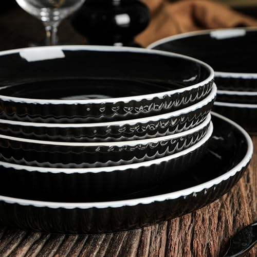 Christian Siriano Lustra Modern 16-Piece Stoneware Dinnerware Set, Plates and Bowls Set, Dinner and Salad Plates, Ramen Bowls, Dish Set for 4, Black