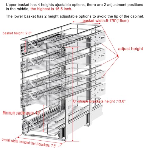 DINDON Pull Out Cabinet Organizer (7-1/2" W x 21-1/2"D), Cabinet Pull Out Shelves, 2 Tier Pull Out Drawers for Kitchen Cabinets, Wire Basket Slide Out Shelf for Cabinet Organization