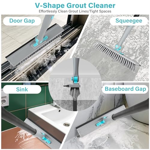 Scrub Brush with Long Handle, 5 in 1 Hard Bristle Shower Scrubber with Crevice Cleaning Brush and Squeegee, 50 inch Heavy Duty Stiff Brushes for Clean Bathroom Ceramic Tile Floor Toilet Tub Kitchen