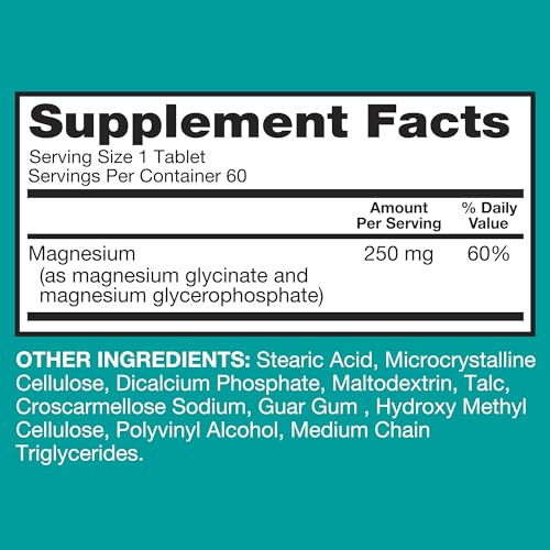 Qunol Magnesium Glycinate Complex, Gentle on Stomach, 250mg One Pill Dose, Superior-Absorption Magnesium, Nerve, Bone and Muscle Health Supplement, 60 Count (Pack of 1)