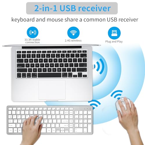 Wireless Keyboard Mouse Combo, Ultra Slim Computer Keyboard and 2400 DPI USB Silent Mouse with Invisible Light Design, Scissor Switch, for Laptop PC Chromebook Windows (KM202-Silver White)